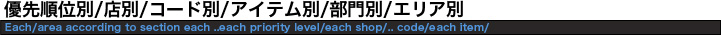 優先順位別/店別/コード別/アイテム別/部門別/エリア別